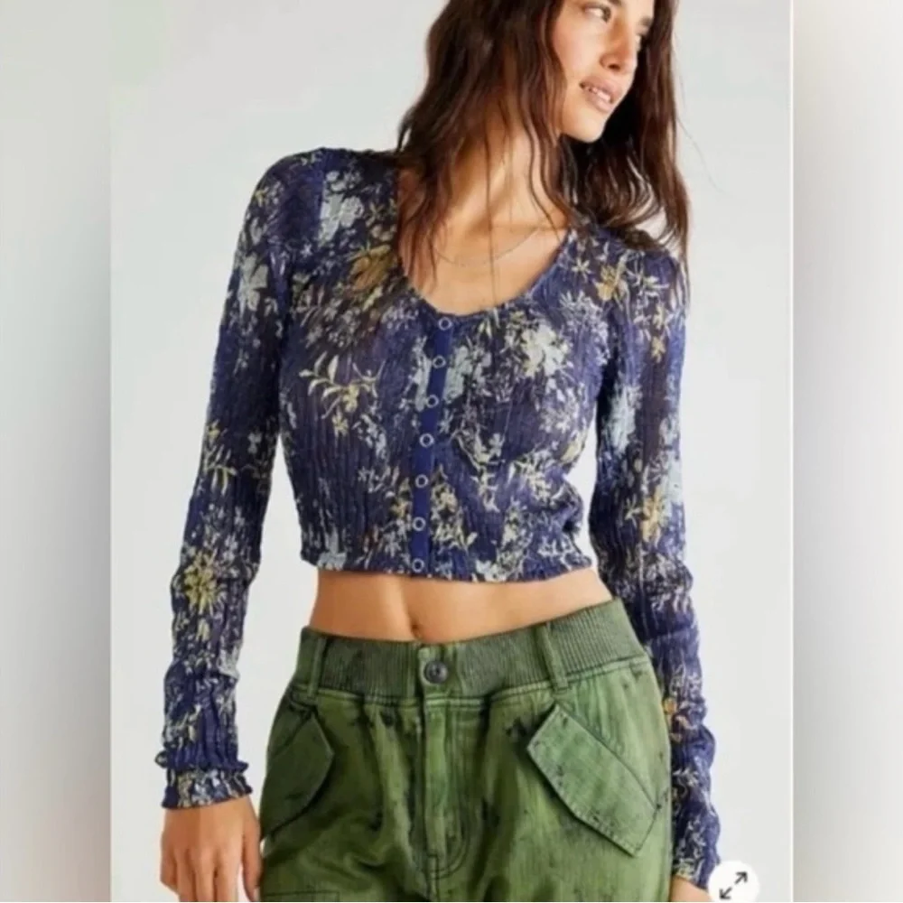 5 for $25!! Free People We the Free Angelina Top Indigo Floral Long Sleeve